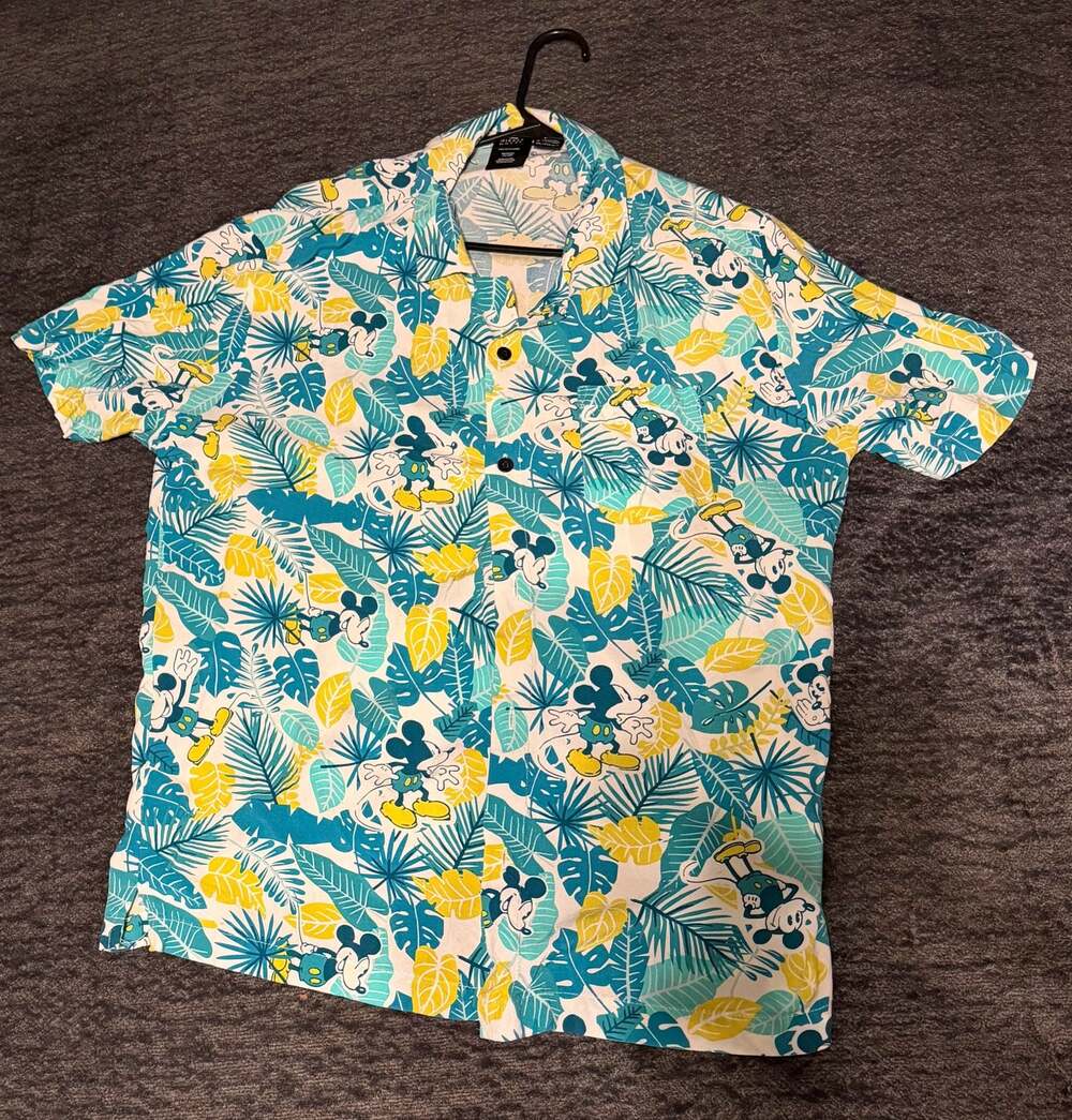 Disney Mickey Mouse Tropical Leaf Print Hawaiian Button-Down Shirt Size XL